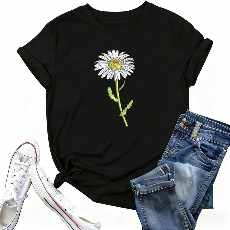 Daisy Flowers Shirt Floral Design Daisy Graphic T Shirt С Принтом Folk Art Shirt Women TShirt Mujer Camisa Feminina Kleding