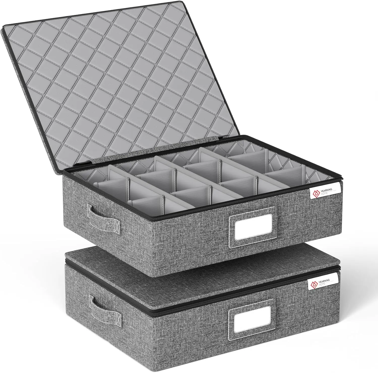 

Stackable Mug Storage Box with Hard Shell & Dividers, Holds 12 Cups, 2-Pack Grey Organizer for Moving