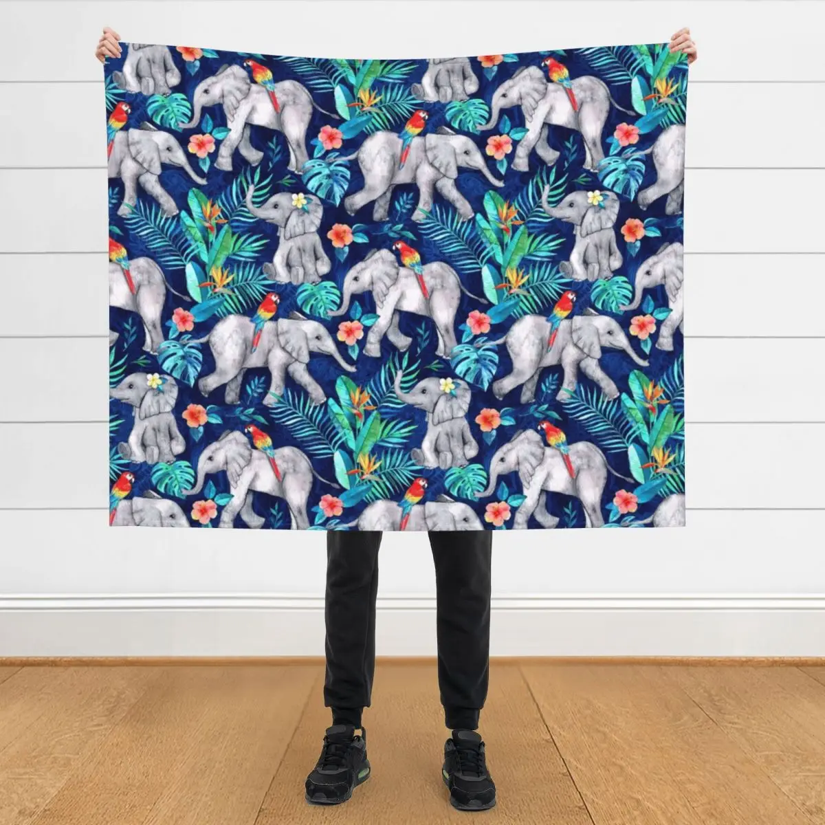 

Elephants and Parrots in Indigo Blue Throw Blanket Decoratives Designers blankets ands Blankets