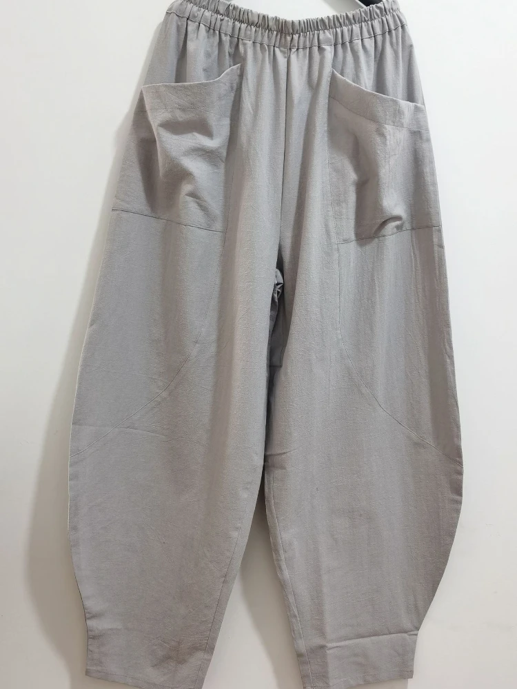Calças vintage de alta qualidade simples masculino elástico solto haren calças cânhamo algodão cintura elástica estilo chinês casual bloomers