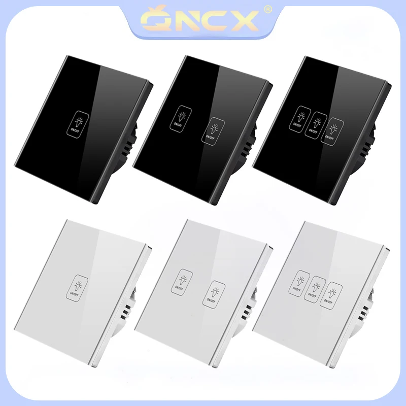 

QNCX EU Light Switch AC100-240 Tempered White Crystal Glass Panel Power Led Sensory Wall Touch Switches 1/2/3 Gang Interruttore