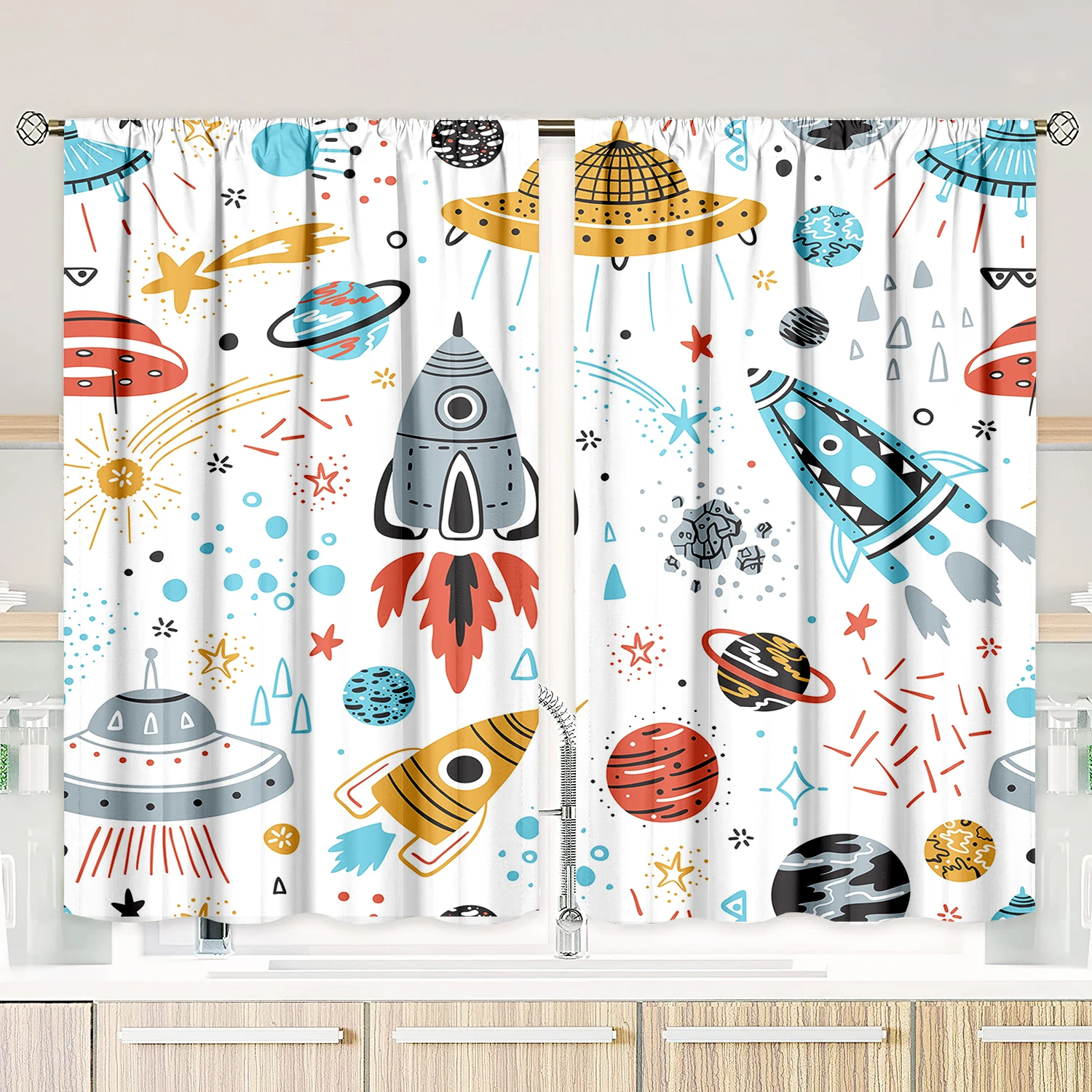 2 pieces of Cartoon spaceship Rocketprinting curtain polyester material suitable for bedroom living room study room anti-privacy