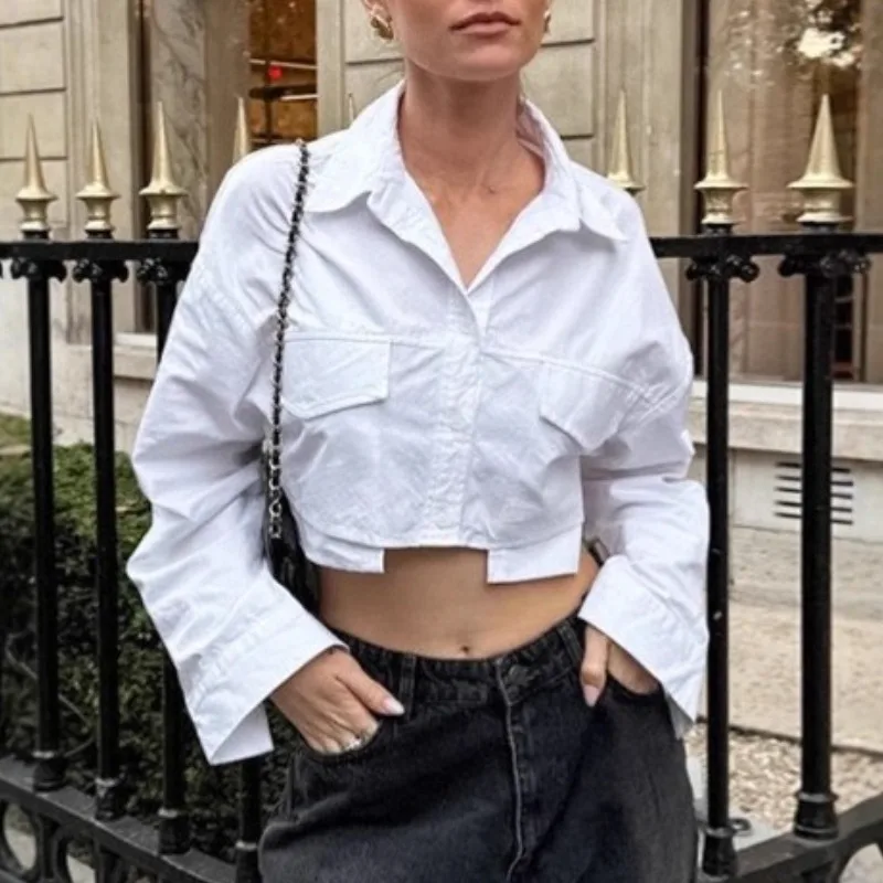 

2025 Autumn Commuting White Long-Sleeve Blouse for Women Short-Style Stylish Collar Pure Cotton Women's Shirt Women's Clothing