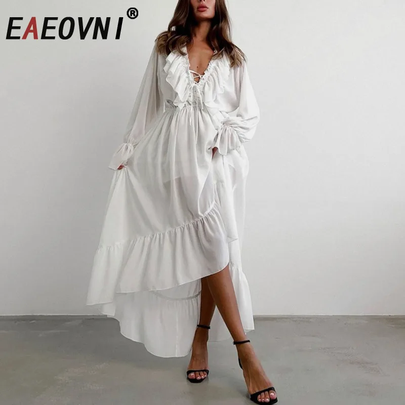 

EAEOVNI Chiffon White Elegant Dress Women Lace-up Slash Collar Flare Sleeve Drawstring High Waist A Line Dresses 2025 New 1A1211