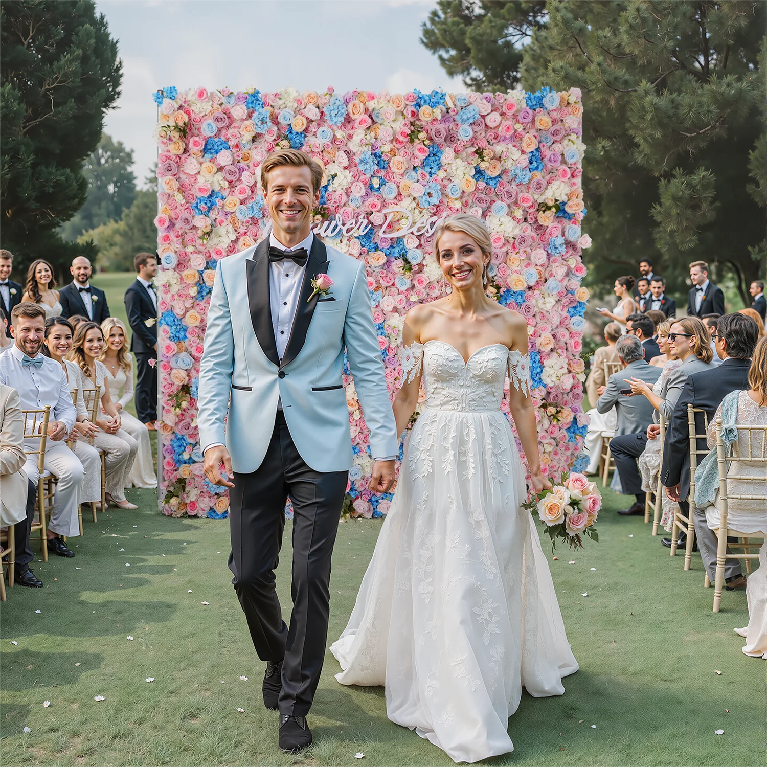 

Uflower Pink Blue Rose Hydrangea Flower Wall Gradient Rolling Up Cloth Curtain Wedding Decoration Backdrop Decoration Party Prop