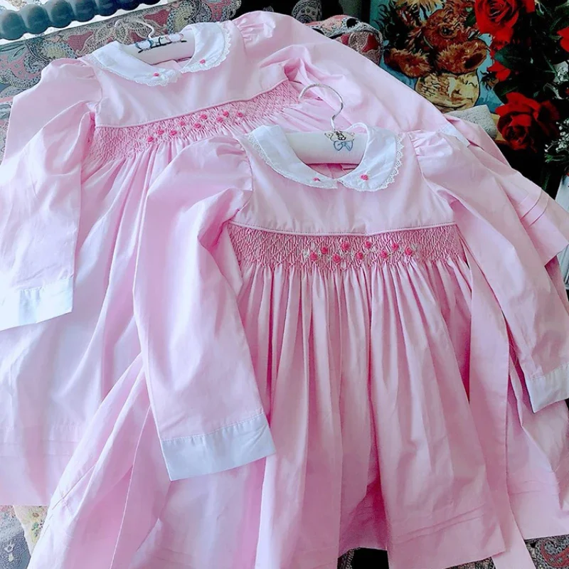 Smocked Pink Dress Baby Girl Vintage Spanish Frock Handmade Smocking Emboridery Toddler infant Children Boutique Clothes Outfit