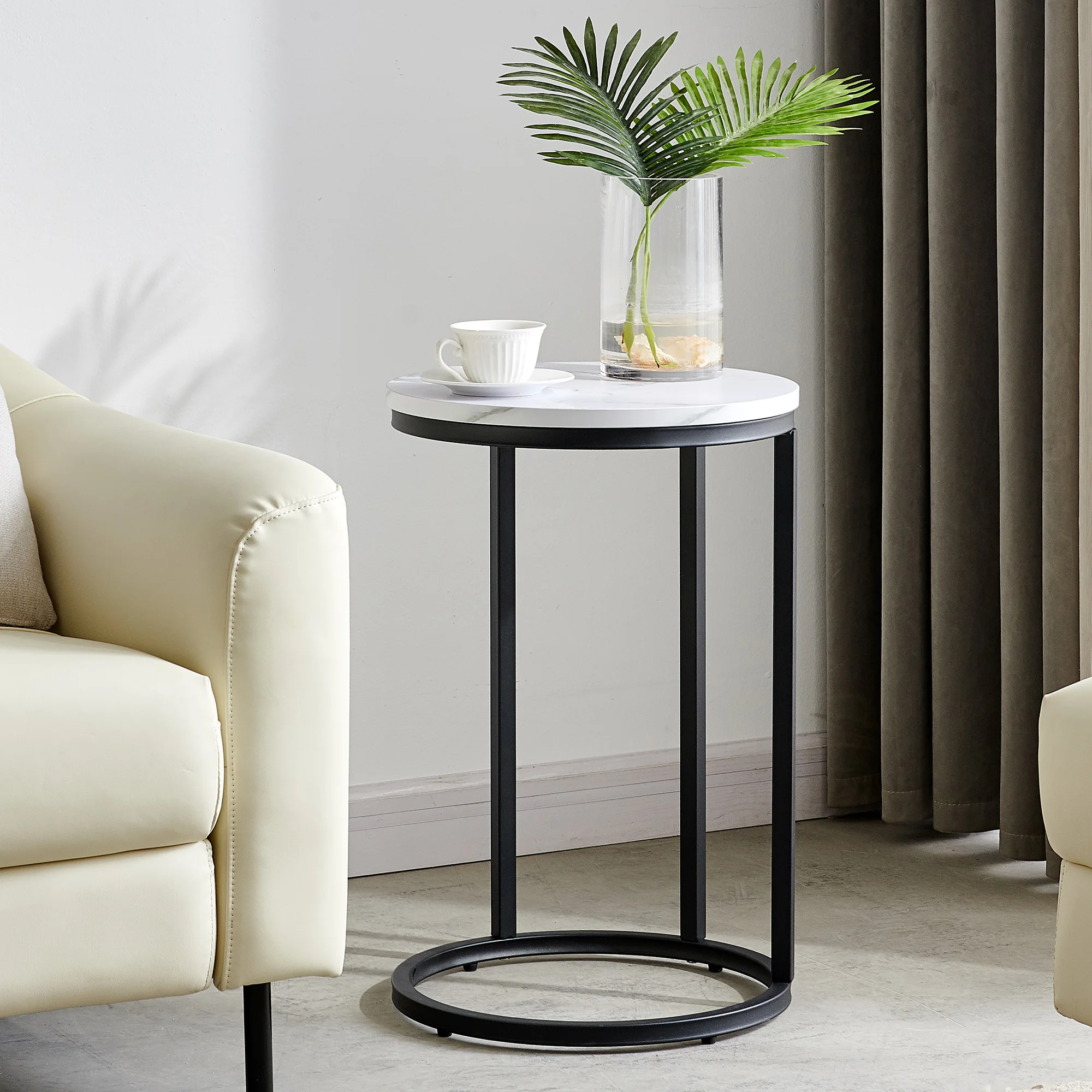 Modern C-Shaped End/Side Table Black Metal Frame with Round Marble Color Top-15.75 Inch