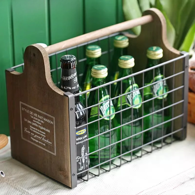 

Japanese-style home retro cutting board-shaped old wood plus wrought iron wooden stick handle storage basket, iron wood box