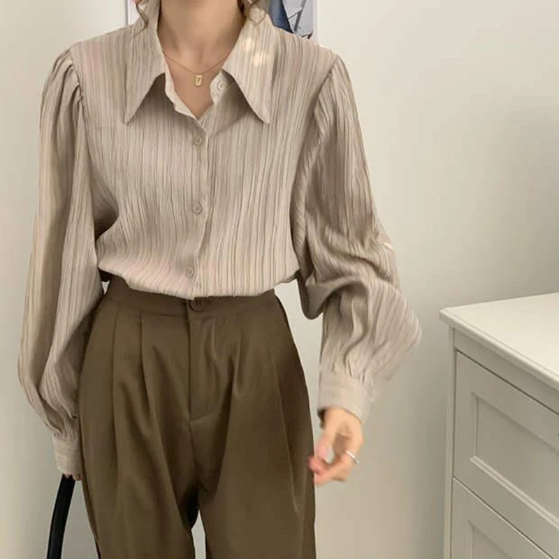 Muscle Stripes Blue Shirt Women Fashion Loose Straight Turn-Down Collar Long Sleeve Tops Pleated Vintage Basic Blouses