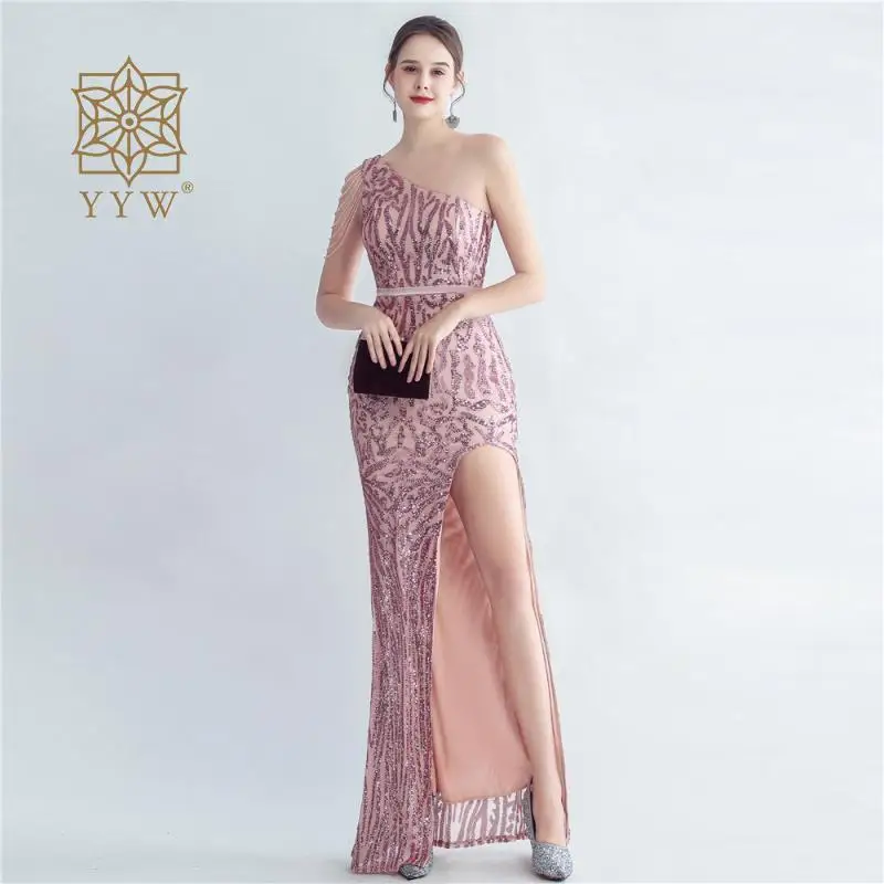 Mermaid Women Dress Pink Evening Party One Shoulder Cocktail Fairy Dress Crystal Sequins Side Split Maxi Bride Banquet Vestidos