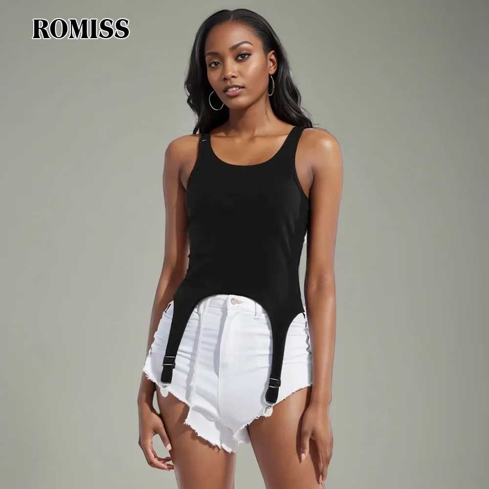 ROMISS Streetwear Patchwork Metal Buckle Vest For Women Round Neck Sleeveless Irregular Hem Designer Tank Tops Female New