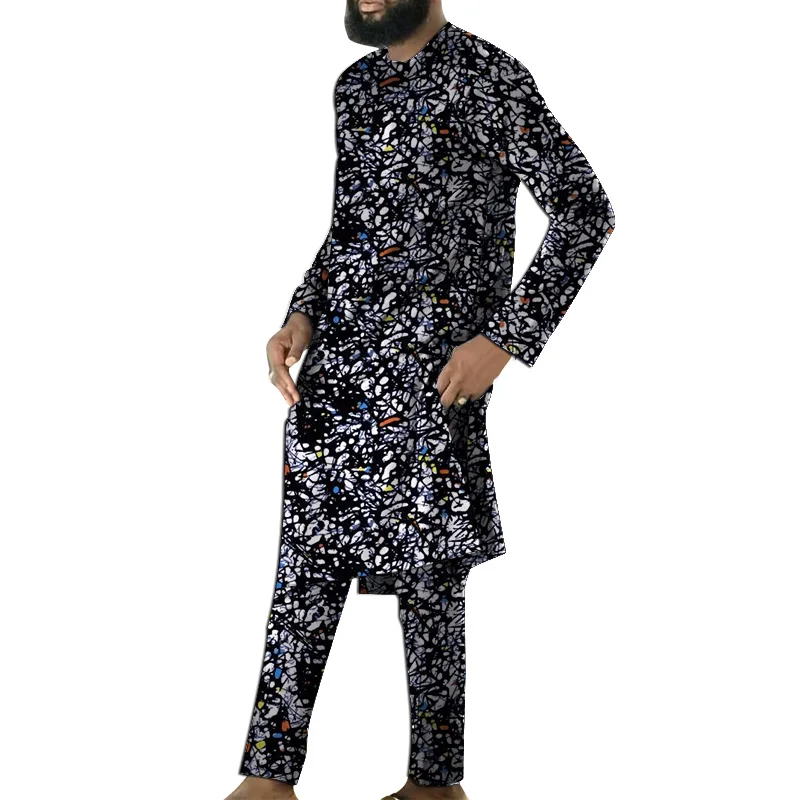 

African Print Full Sleeves Men’s Set Long Top Patch Elastic Waist Pant Family Gift Original Design Traditional Party Outfits