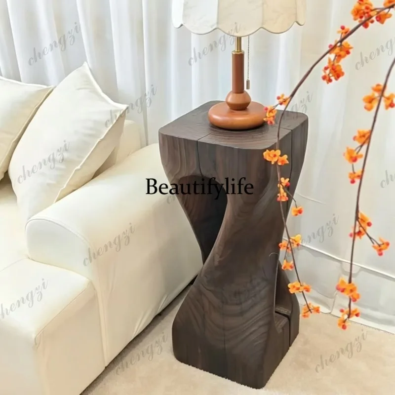 All solid wood carbonized log stool wabi-sabi wind pier hollow decorative flower stand coffee table