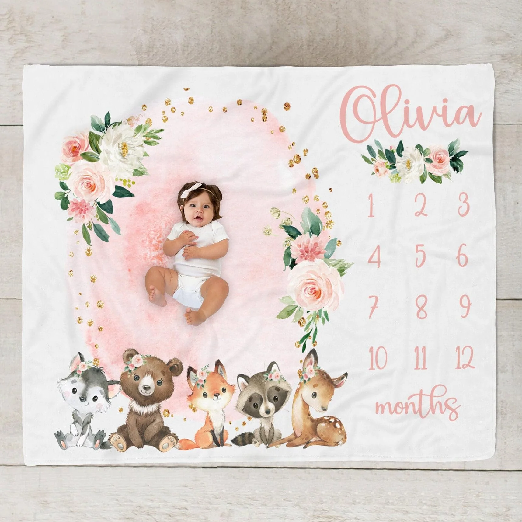 VIKAMA Baby Growth Record Blanket Forest Animal Wreath Design Newborn Gift 100-Day & First Birthday Commemorative