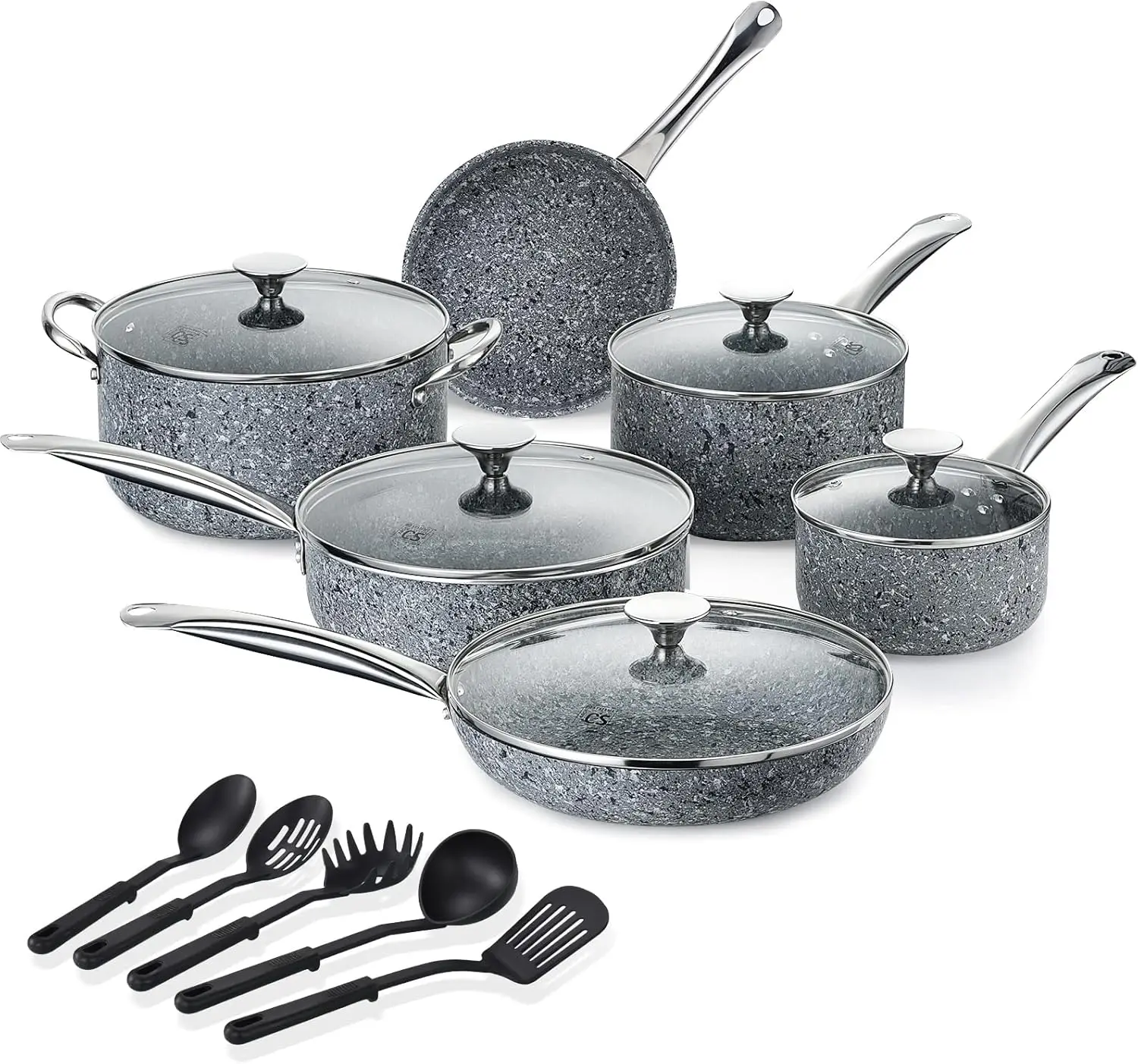 16 Pieces Nonstick Cookware Set -Nonstick Frying Pans, Grey Granite Cookware with Derived Coating, Induction Pot&Pan Set