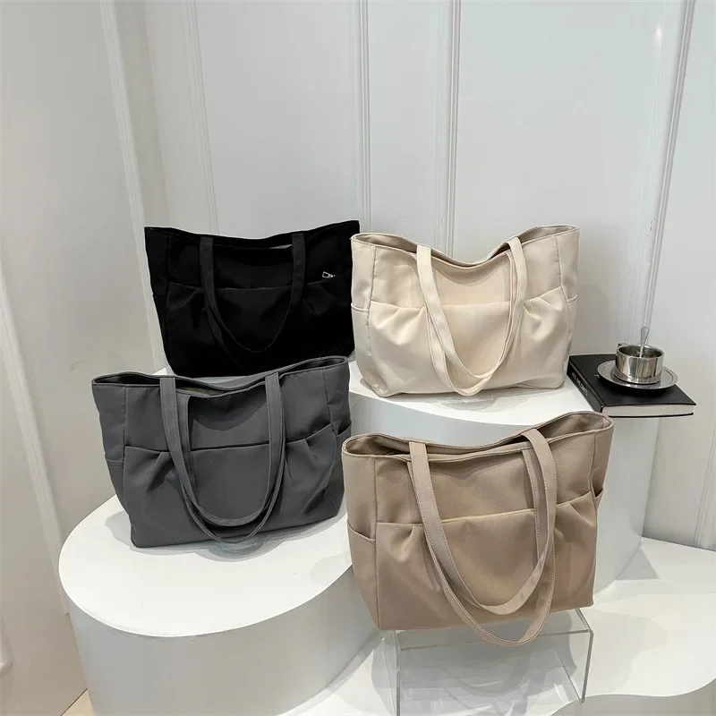 Casual Early Autumn Women Nylon Large Capacity Smooth Shoulder Bag Commuter Supple Solid Colour Ruched Outer Pocket Handle Bag