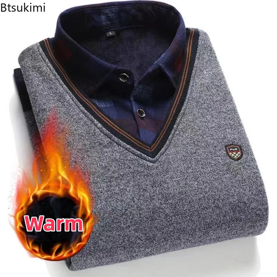 New 2024 Man Fleece Shirt-collar Sweater Autumn Winter Fashion Grid Solid Thicken Warm Sweater Male Velvet Thicken Sweater Male