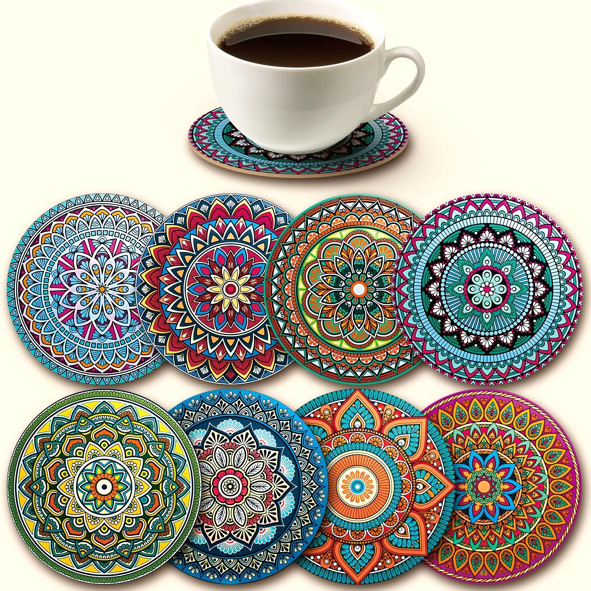 8pcs Mandala Coasters, Wooden Coaster Set, Essential for Holiday Gatherings, Suitable for Bars, Offices,