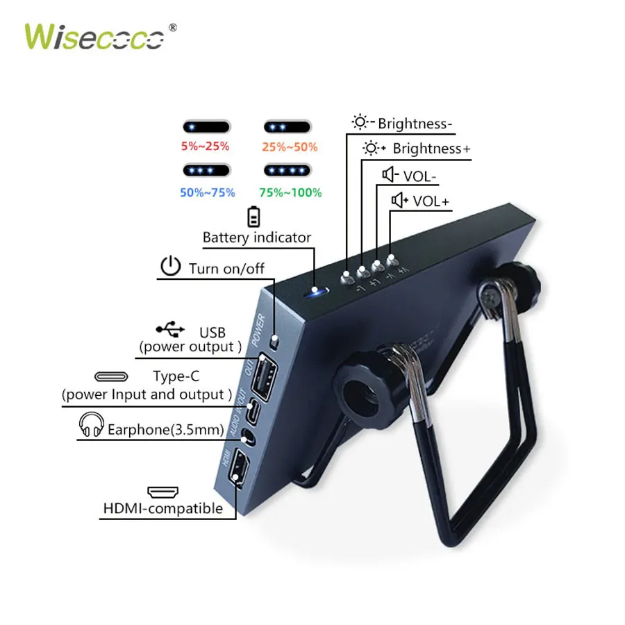 Imagem -04 - Wisecoco-monitor Portátil para Raspberry pi 2k Display Bateria Embutida Recarregável 5000mah Ajuste de Brilho