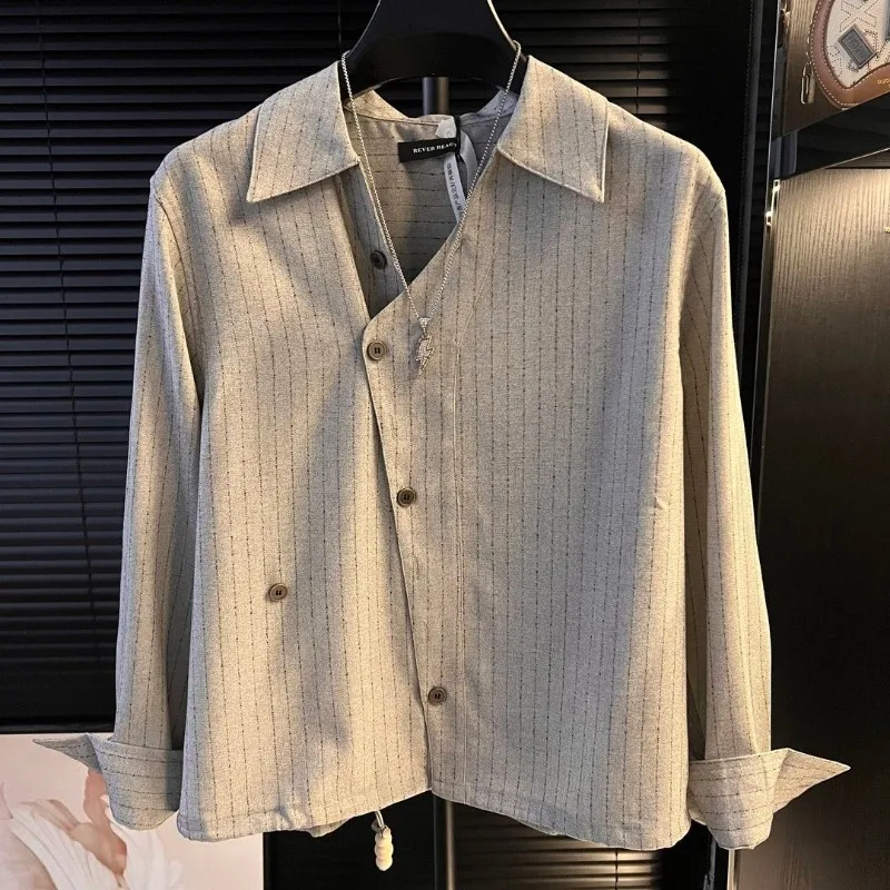 Men Spring Autumn Old Money Style Striped Lapel Long Sleeve Shirt Fashion Irregular Design Casual Mens Tops