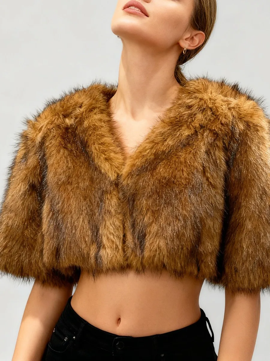 TWOTWINSTYLE الصلبة تقسم الفراء موضة سترات قصيرة للنساء الخامس الرقبة نصف الأكمام مزاجه سترة الإناث الخريف الملابس جديد #3