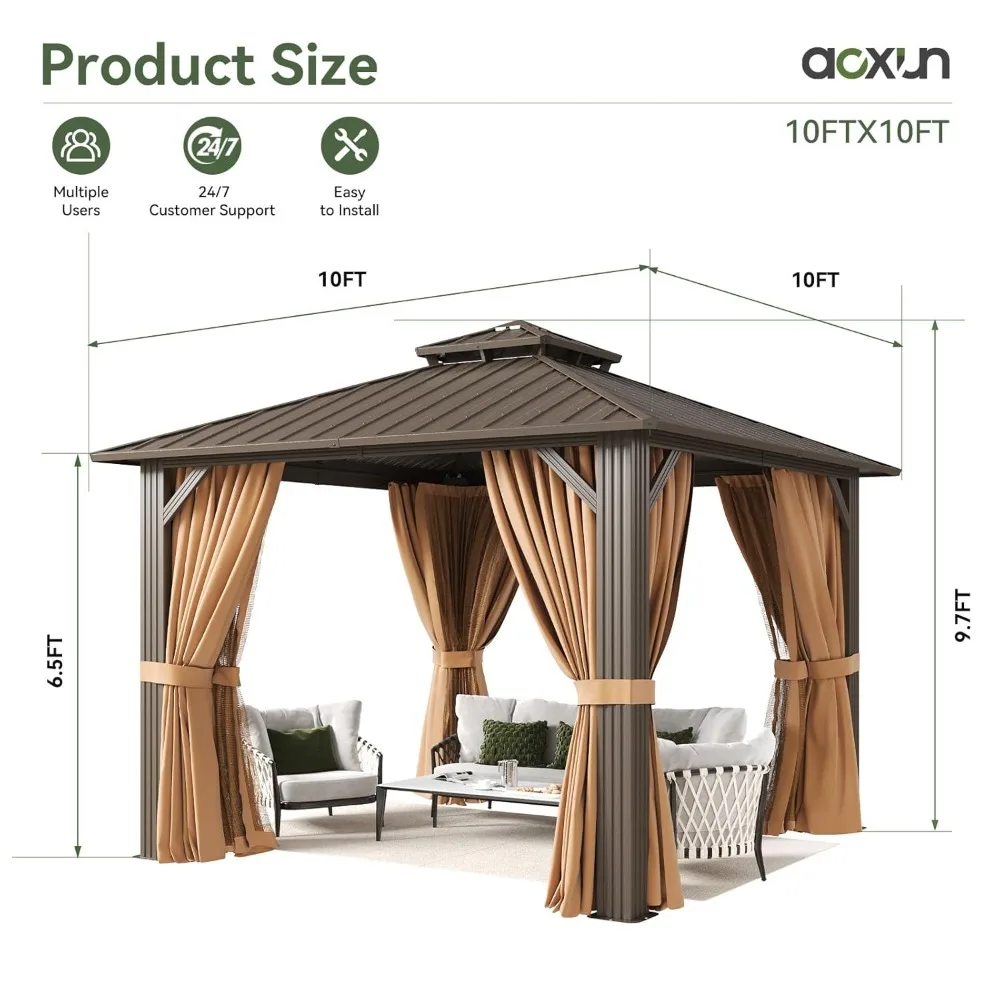 

10’x10’ Outdoor Gazebo, Heavy Duty Canopy Pavilion with Ventilated Double Roof, Patio Pergola with Netting and, Customized
