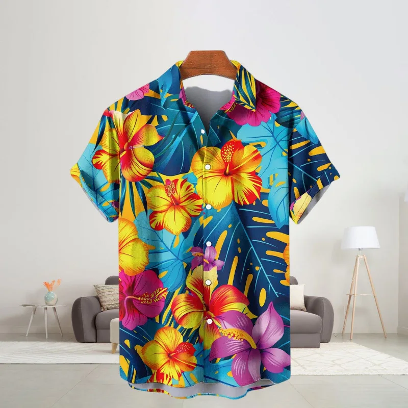 Hawaiian Coconut Tree Flower Short Sleeved Sunset Sailboat Gradient Palm Hibiscus Print Men's Shirt