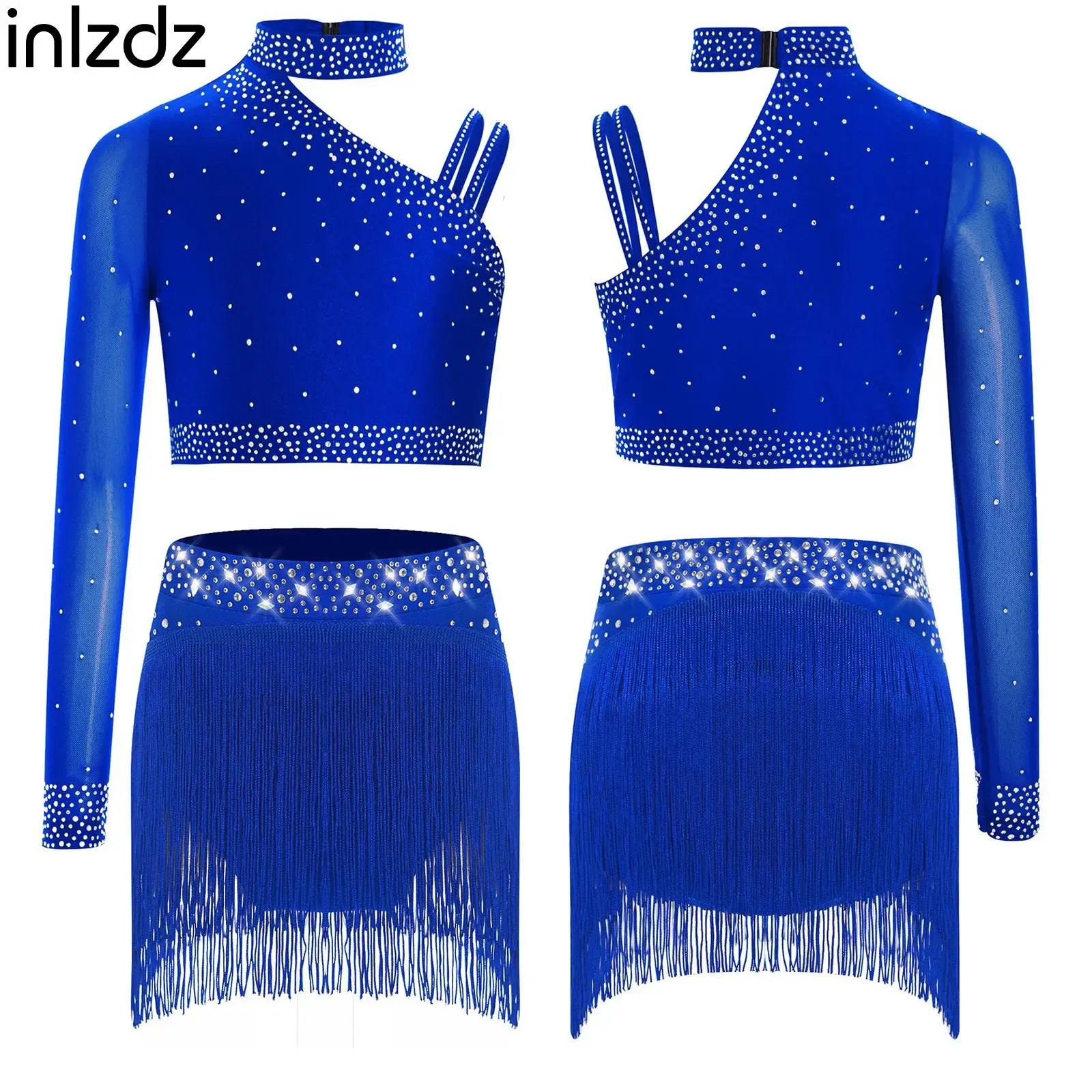 Tenues de danse moderne lyrique de Ballet à strass scintillants pour filles et enfants, haut court à épaules irrégulières avec jupes pour spectacle sur scène