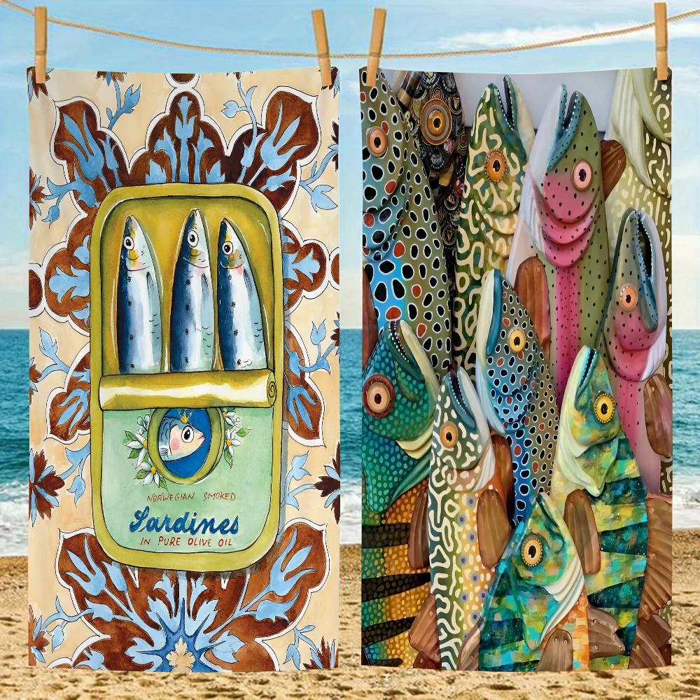 Colorful Sardine Lobster Fish Big Microfiber Beach Towels Quick Dry Towel Sand Beach Towels Pool Towel for Travel Swim Pool Yoga