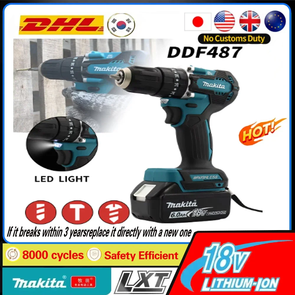 

Makita DHP487 Screwdriver Cordless Percussion Drill 18V Electric Variable Speed Brushless Motor Impact Power Tools Power Drill