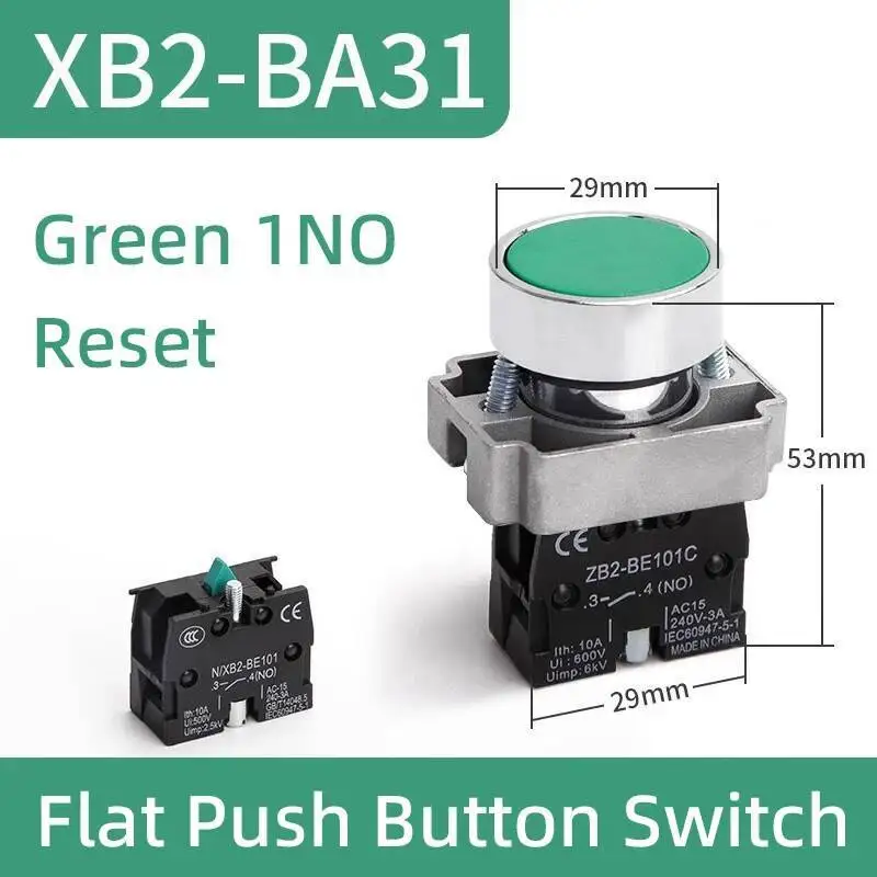XB2-BA31C BA31C Testa piatta 22 mm Verde Rosso Giallo Reset Pulsante momentaneo Interruttore a pulsante di avvio Contatto argento