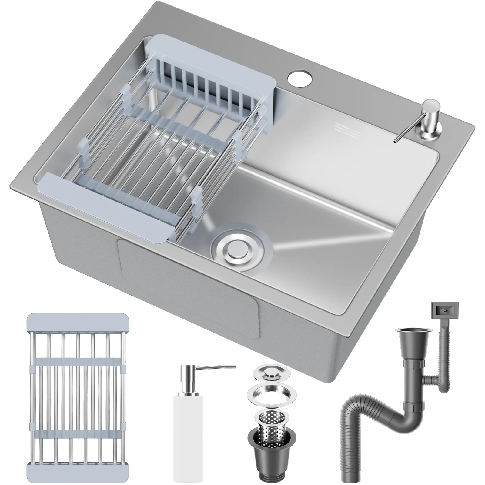VELPAX Evier Cuisine 1 Bac 68 x 45 cm, Inox avec Filtre de Vidange, Poser avec Trous pour Robinets