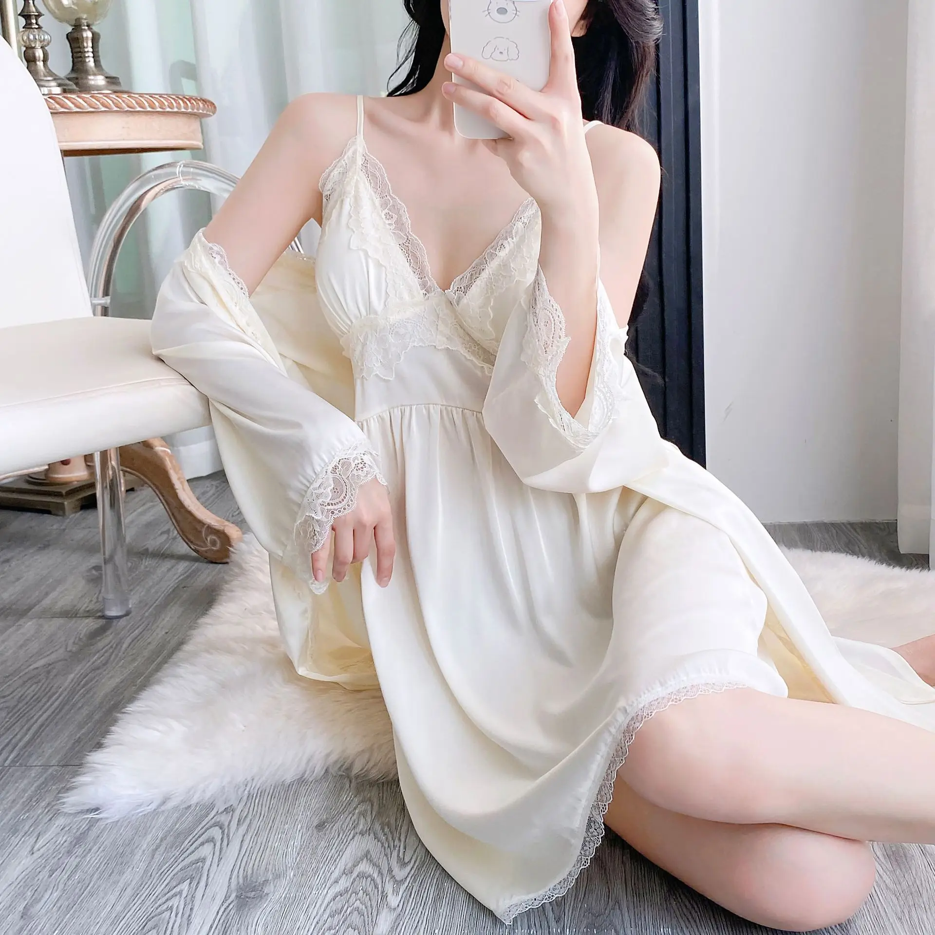Sexy Solid Color Women Robe Set Spring Summer Sleepwear Home Dress Nightgown Ice Silk Night Wear