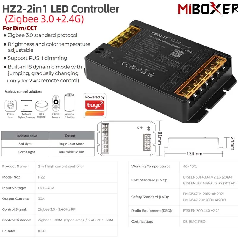 Zigbee3.0+2.4G Miboxer High Current LED Controller DC12-48V 30A  HZ2 HZ5 RF Remote Dim/CCT/RGB/RGB+CCT Light Strp Alexa Google