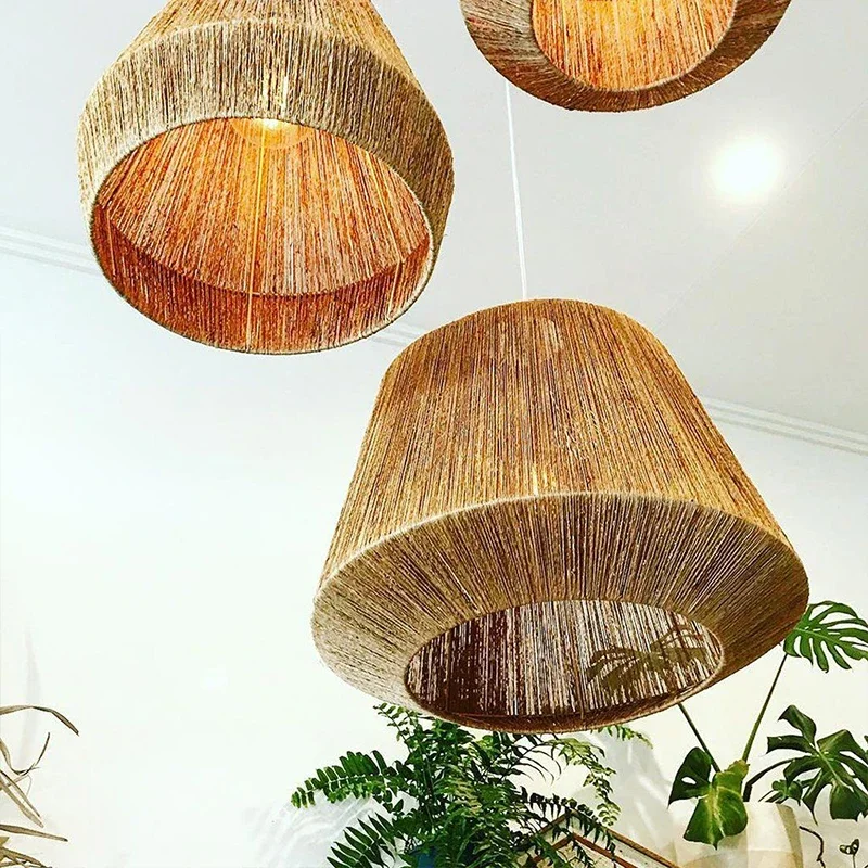 Japanese Pendant Lamps Vintage Creative Hand-woven Hemp Rope Lamp Living Dining Room Retro Loft Country Decor LED Hanging Lights