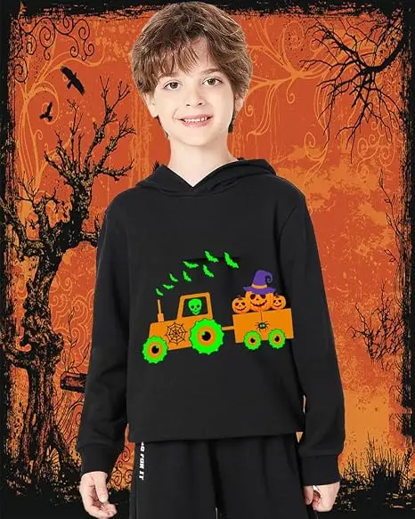 Little Hand Toddler Boys Hooded Sweatshirt Halloween Glowing Tractor Skeleton Print Long Sleeve Casual Hoodie for 4‑11T Kids