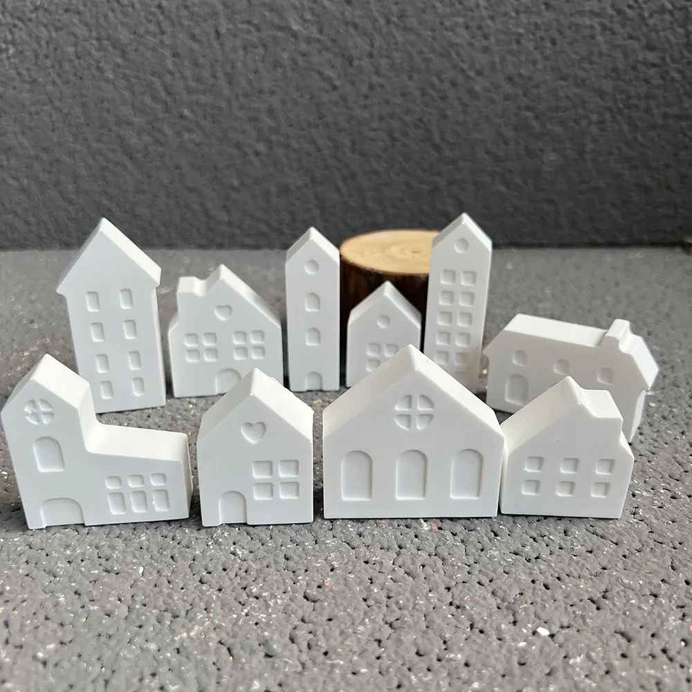 Miniature House Model Silicone Mold Mini House Plaster Ornament Resin Cement Candlestick Flower Pot Mold DIY Christmas Decor