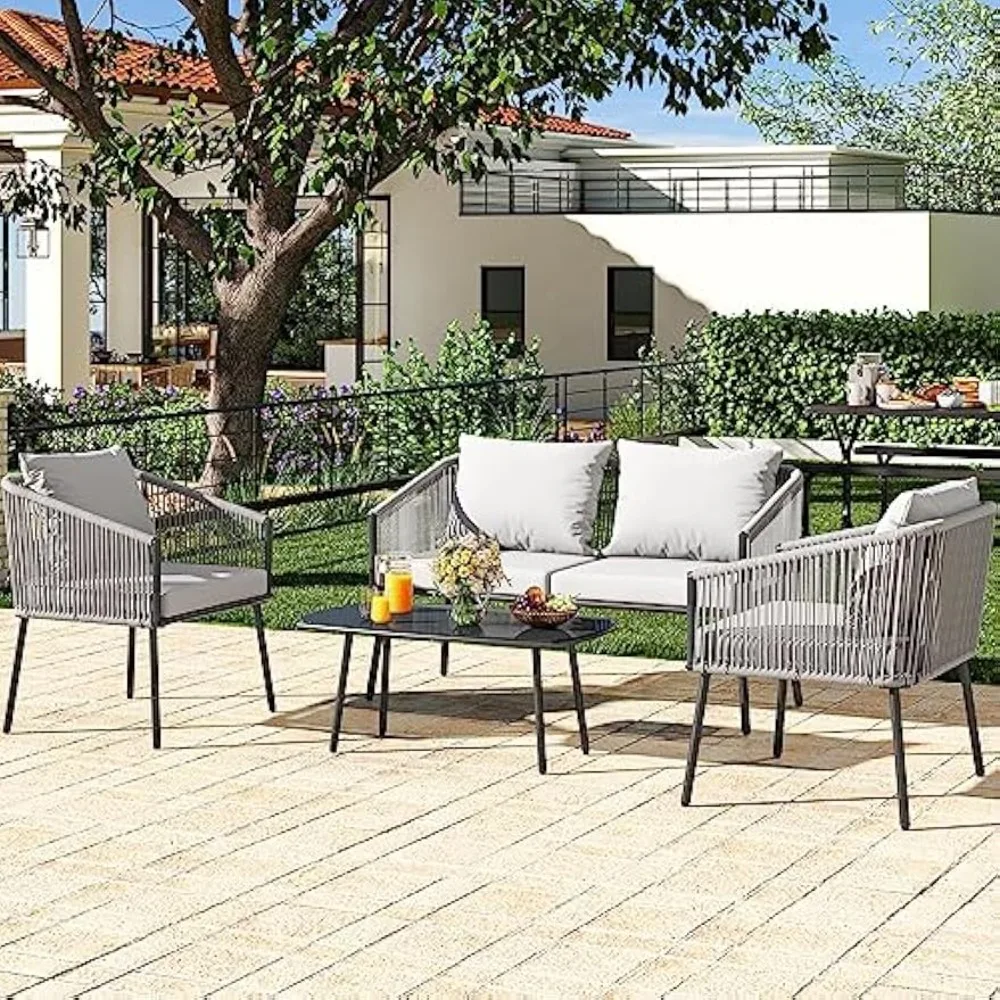 

Garden furniture set of 4 sets, Rattan Loveseat Rope Conversation Sets with Soft Cushions and Side Table for Backyard