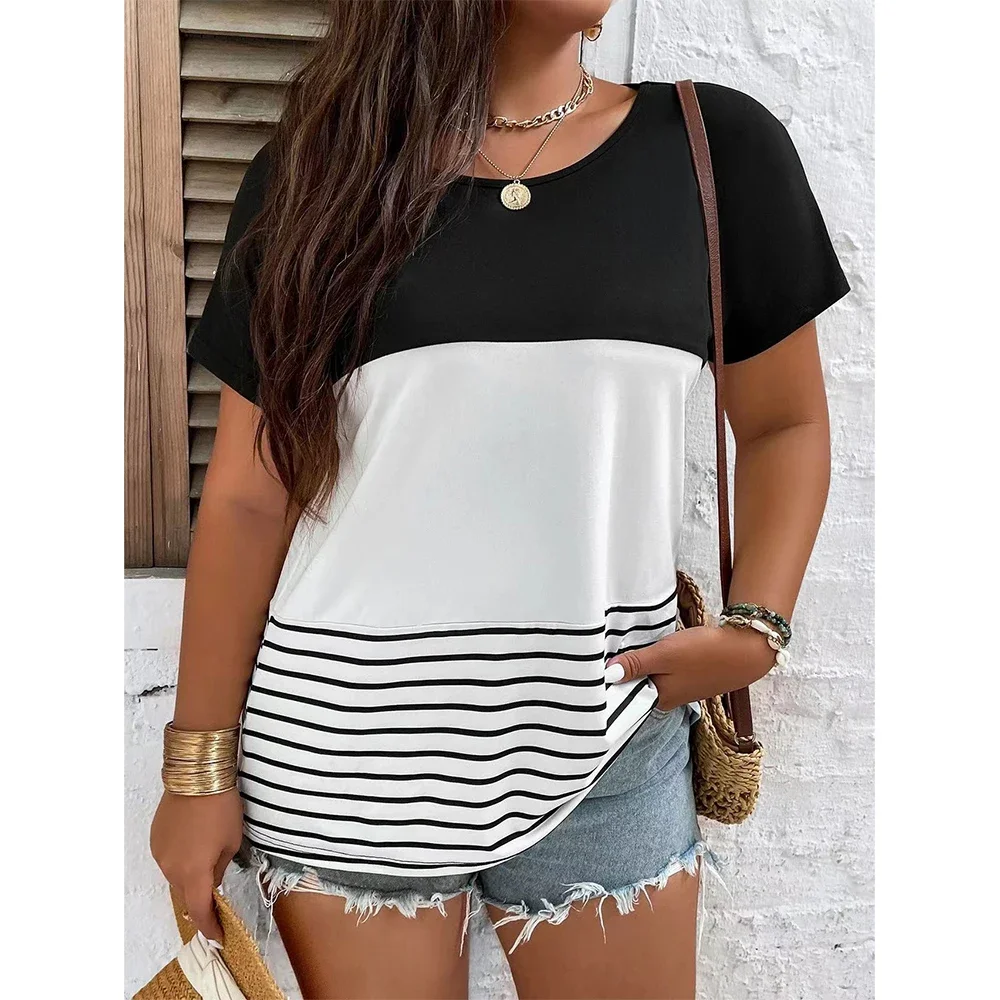 Camiseta de mujer con rayas coloridas y estampado 3d, Tops con cuello en V, camiseta informal sencilla a la moda para mujer, versión holgada de talla grande