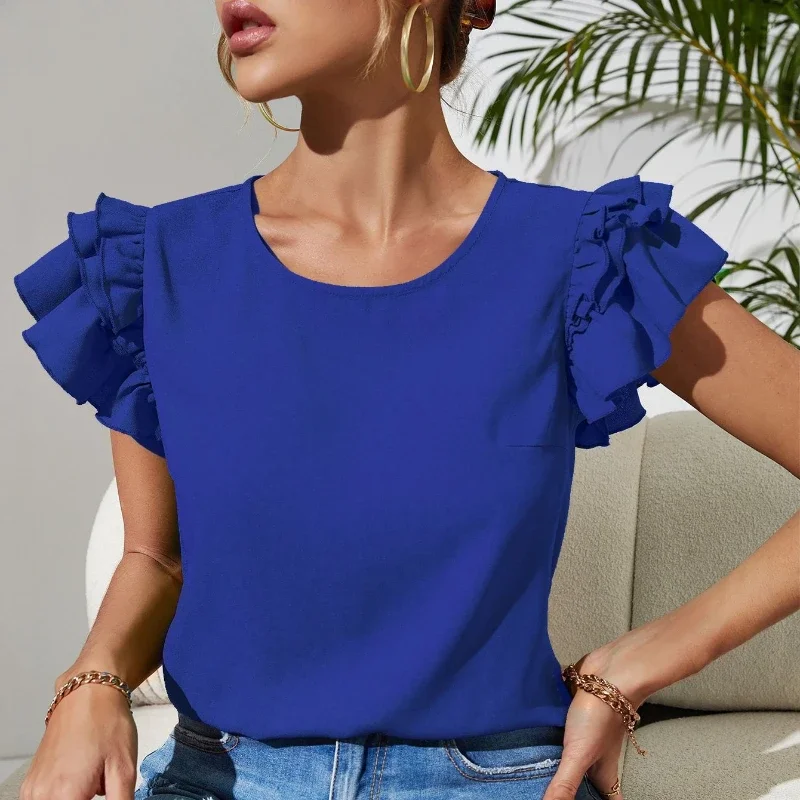 Elegant Casual Women Top Temperament Commuter Round Neck Comfortable Breathable Short Sleeve Ruffle Sleeves Trendy Female Blouse