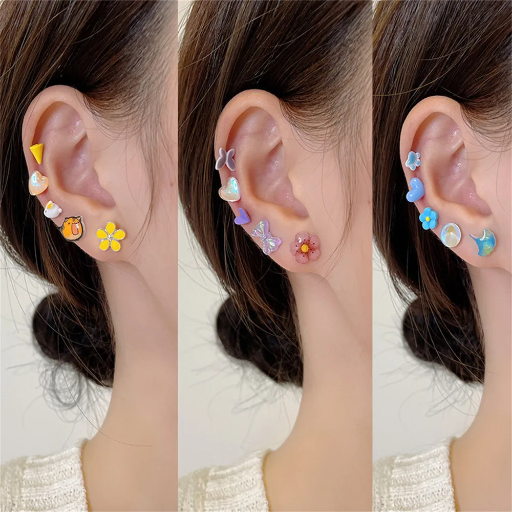 Cute Small Ceramic Stud Earrings for Women Girls Kids Cartoon Animal Flower Candy Color Mixed Female Temperament Earring Jewelry