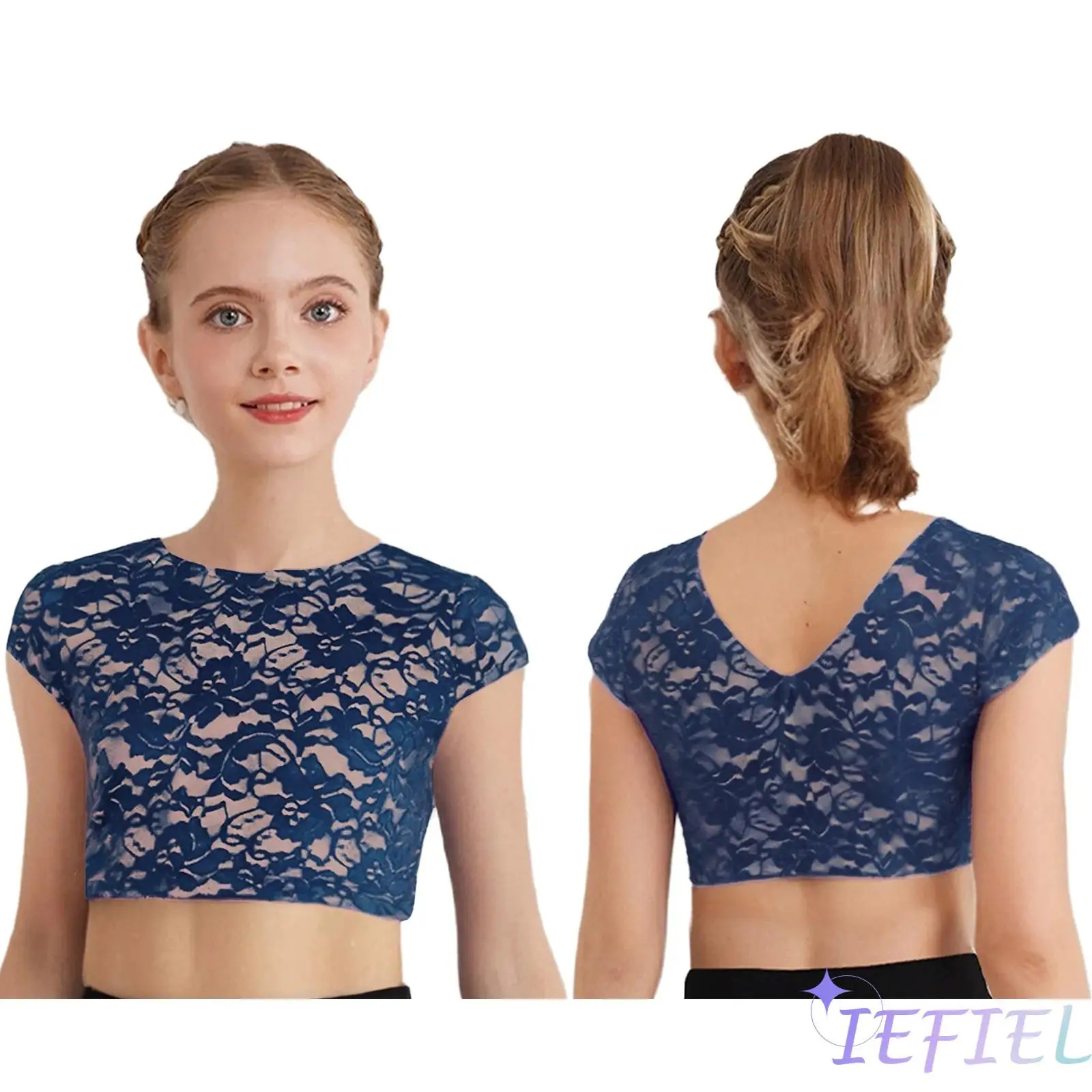 

Girls Dance Crop Top Jazz Costume Round Neck Cap Sleeves V-Back Floral Embroidery Lace Crop Top for Jazz Latin Dance Performance