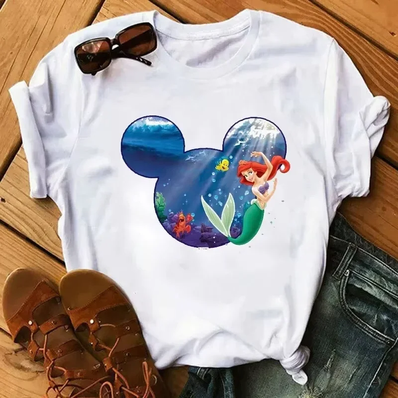 

Модная женская футболка Disney, милые футболки с ушками русалки и мыши, футболки в стиле Харадзюку, женские футболки Ulzzang, Femme Kawaii, одежда