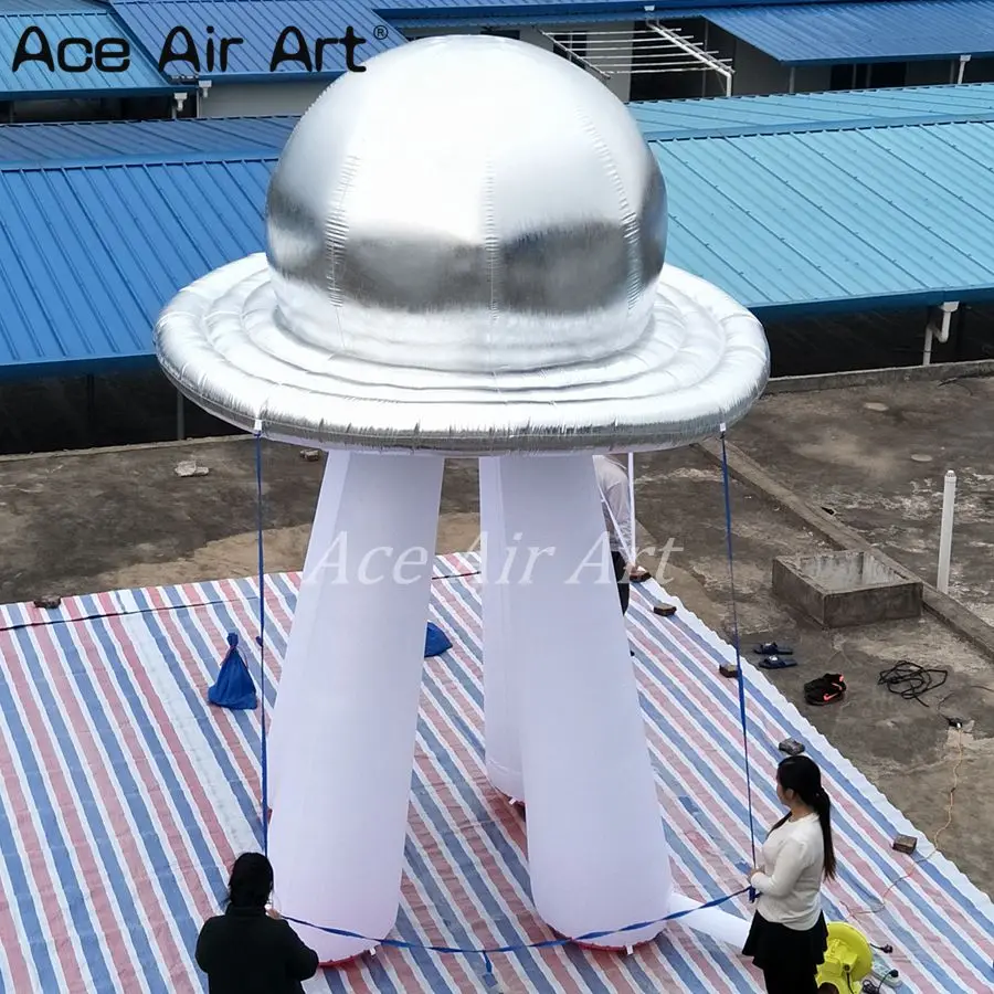 Venda quente 4m/5m/6m h modelo inflável de prata ufo com suporte para diversões/galeria de arte/decoração de museu feita por ace air art