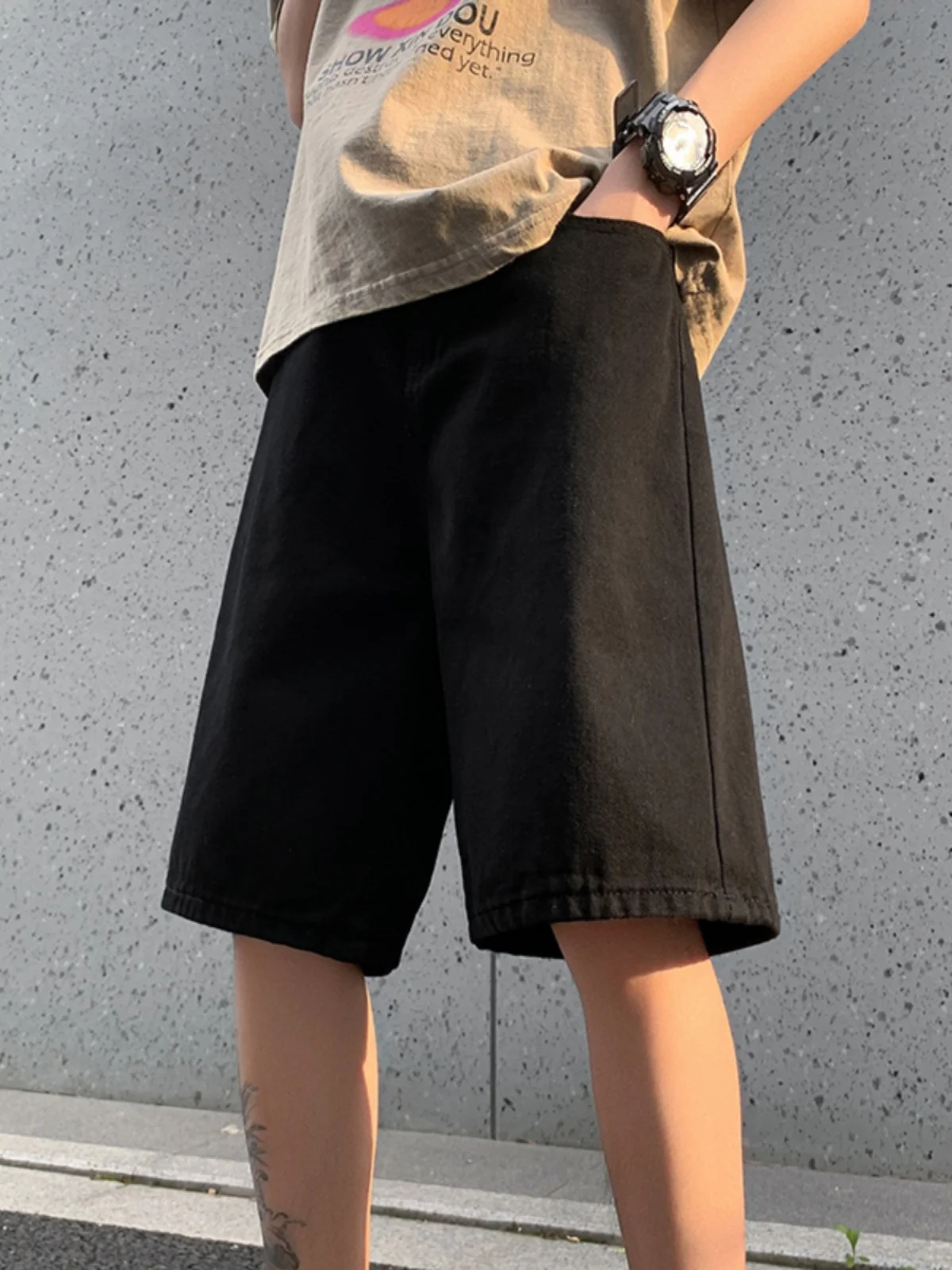 

Loose Straight Leg Men's Denim Shorts Black Five-Quarter Length Casual Summer Fashion Retro American Style Teenage Culture