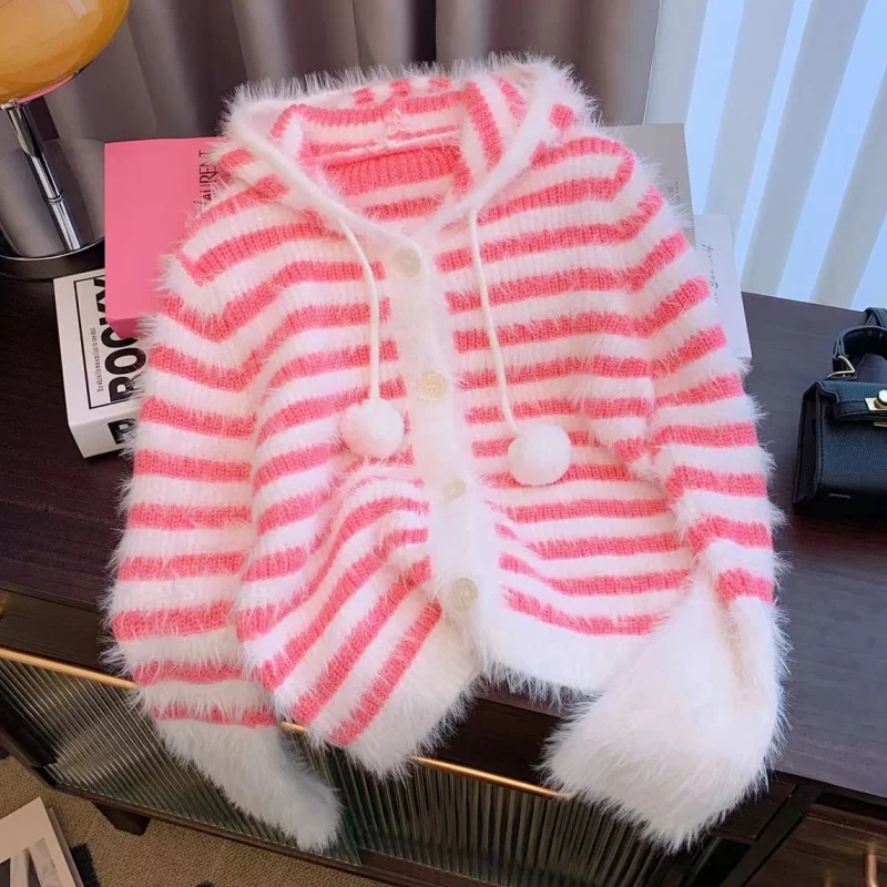 

Women's Fashion New Style Recreational Temperament Black Knitted Hooded Sweater Stripe Coat Chic 2023 NEW Winter Pink Top