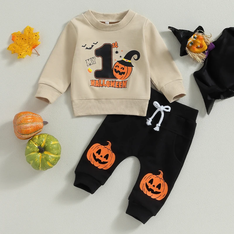 My First Halloween Baby Boy Outfit Infant Cute Halloween Long Sleeve Sweatshirt Top Pumpkin Pants Fall Winter Clothes 2Pcs Set