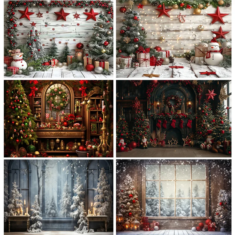 

Christmas Tree With Gift Boxes Photography Backdrops Winter Snow Decorations Wooden Door Fireplace Room Background Props WR-07
