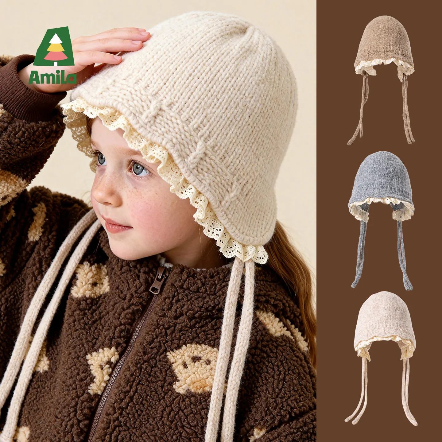 Amila キッズ 冬用ニットレースハット 女の子用、長持ちする暖かさ、防風性、調節可能な伸縮性、絶妙な甘さ