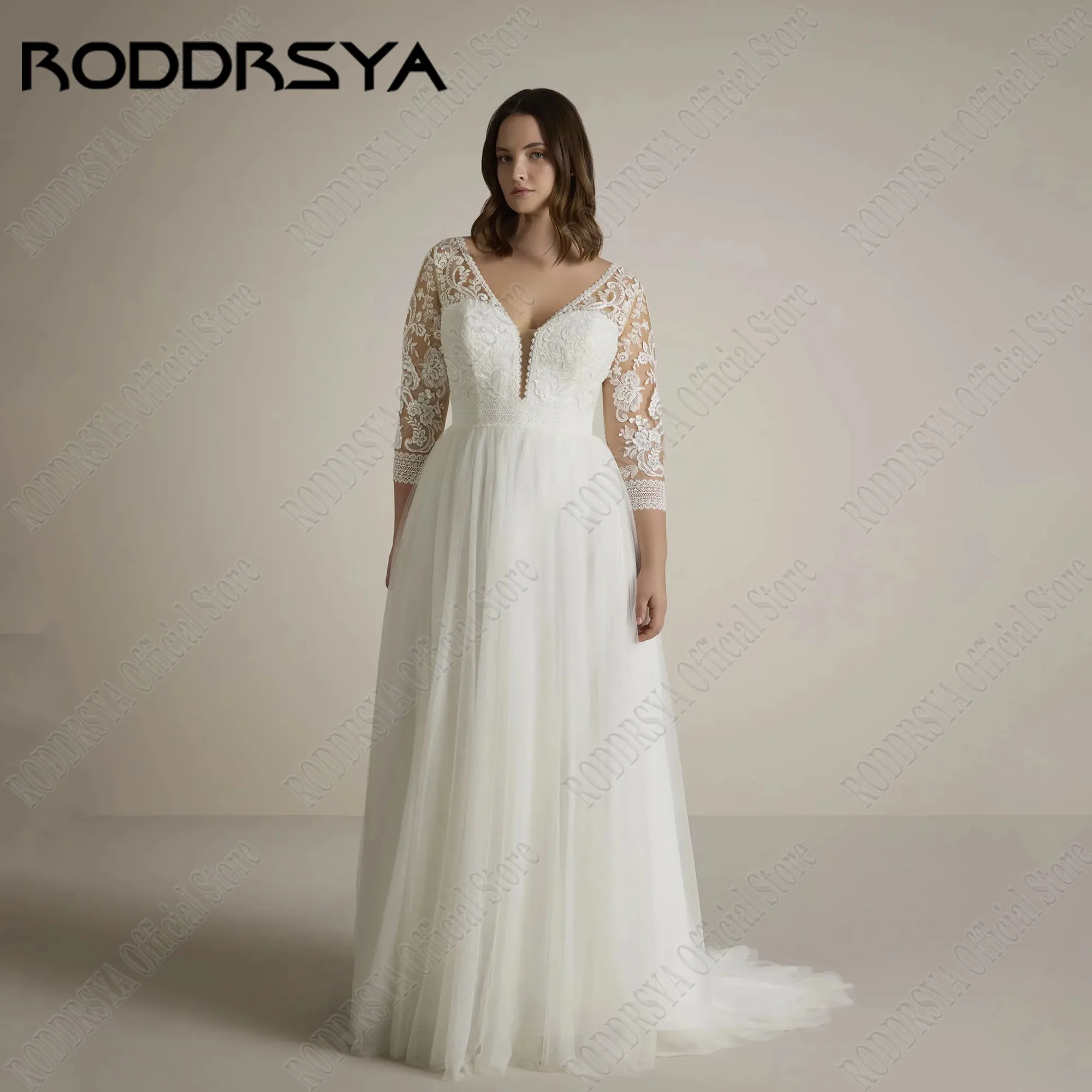 

RODDRSYA Plus Size Wedding Dress 2024 Bride V-Neck Applique 3/4 Sleeves Lace Bridal Gowns A Line Tulle Custom Vestidos De Novia